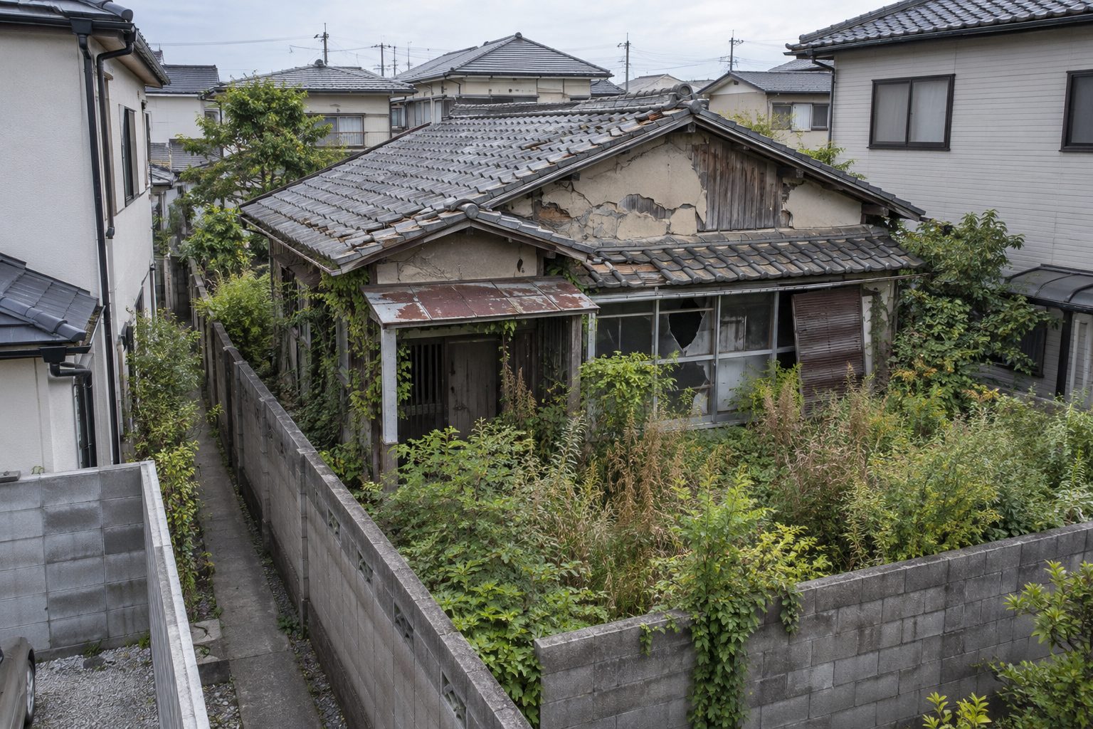 日本の古い木造の空き家。屋根瓦が欠け、外壁が剥がれ、窓ガラスが割れて老朽化している。庭には雑草が茂り管理されていない。周囲をブロック塀と隣家に囲まれ、前面道路や車の進入路が無い。自然光で写実的に、周囲との位置関係が分かる距離から写している。
